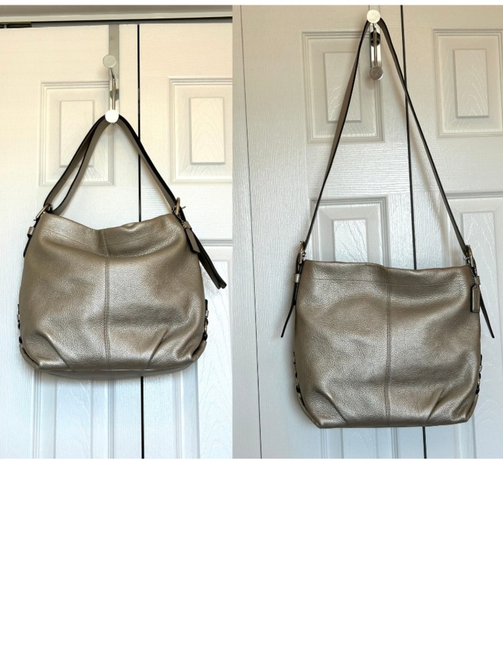 LikeNew Coach Soho Brooke Pebbled Leather Duffle/Hobo Bag #F15064 Metallic Taupe - Picture 7 of 14